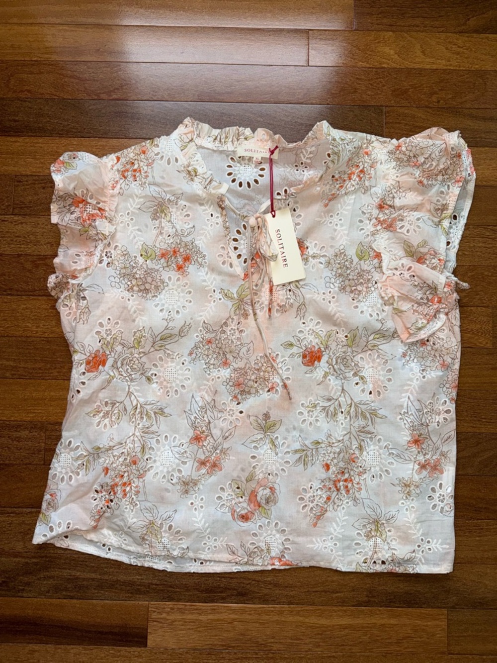 Solitaire Cream Blouse with Orange & Green Floral Eyelet